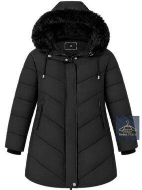 Plus Size Hooded Puffer Parka Down Jacket Faux Fur Trim